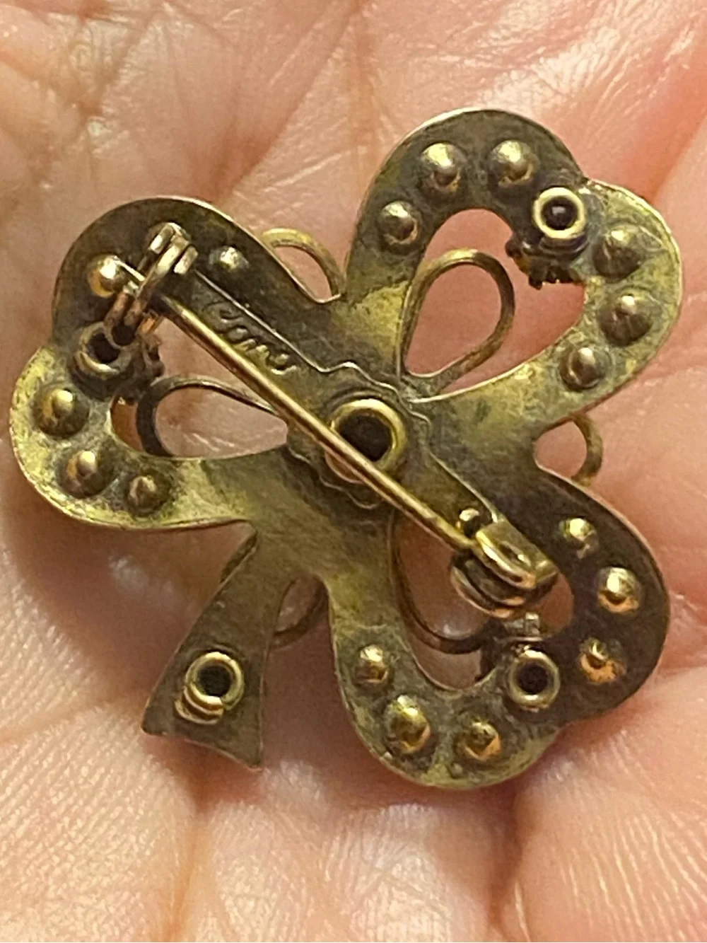 Vintage Gold Tone Coro Brooch 3-Leaf Clover Amber/ Topas Rhinestones Faux Pearls